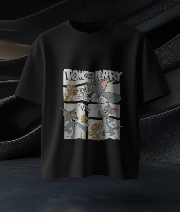 Tom & Jerry Classic Cartoon Oversized T-Shirt – Black
