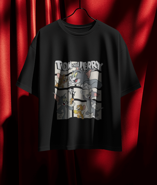 Tom & Jerry Classic Cartoon Oversized T-Shirt – Black